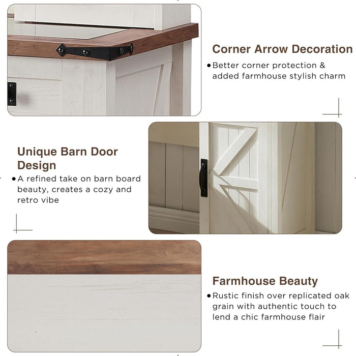 Farmhouse Makeup Vanity Desk with Sliding Mirror and Lights, 42'' Glass Tabletop Vanity Table with 2 Drawers & Shelves, Rustic Big Vanity Set for Bedroom, Antique White