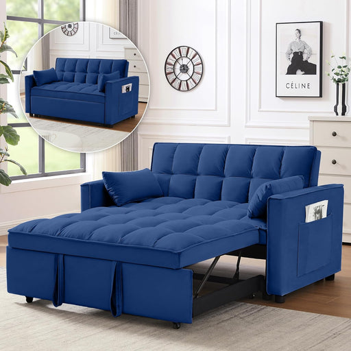 3 in 1 Convertible Sleeper Sofa Bed, Futon Couches for Living Room with Side Pocket | Adjustable Backrest| Velvet Fabric | Pull Out Couch | Recliner Loveseat | Sectional Sofa, Blue