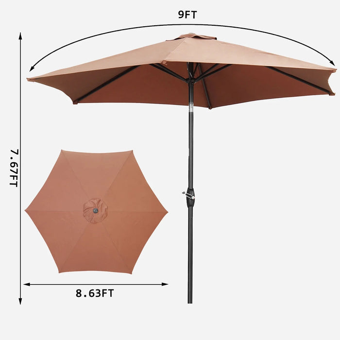 9Ft Outdoor Patio Umbrella 6 Ribs W/ Tilt & Crank Patio Table Umbrella for Patio, Garden and Poolside- Coffee