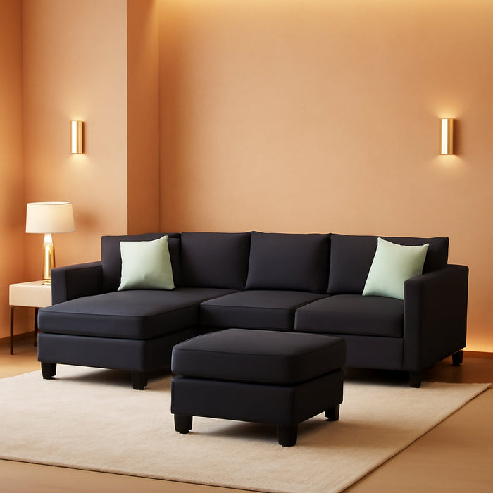 Large U Shaped Sectional Sofa with Removable Ottoman for Living Room, 7 Seats Modular Sofa with Wide Chaise Lounge & 3 Pillows, 112” Fabric Corner Couch Set for Large Space, Black