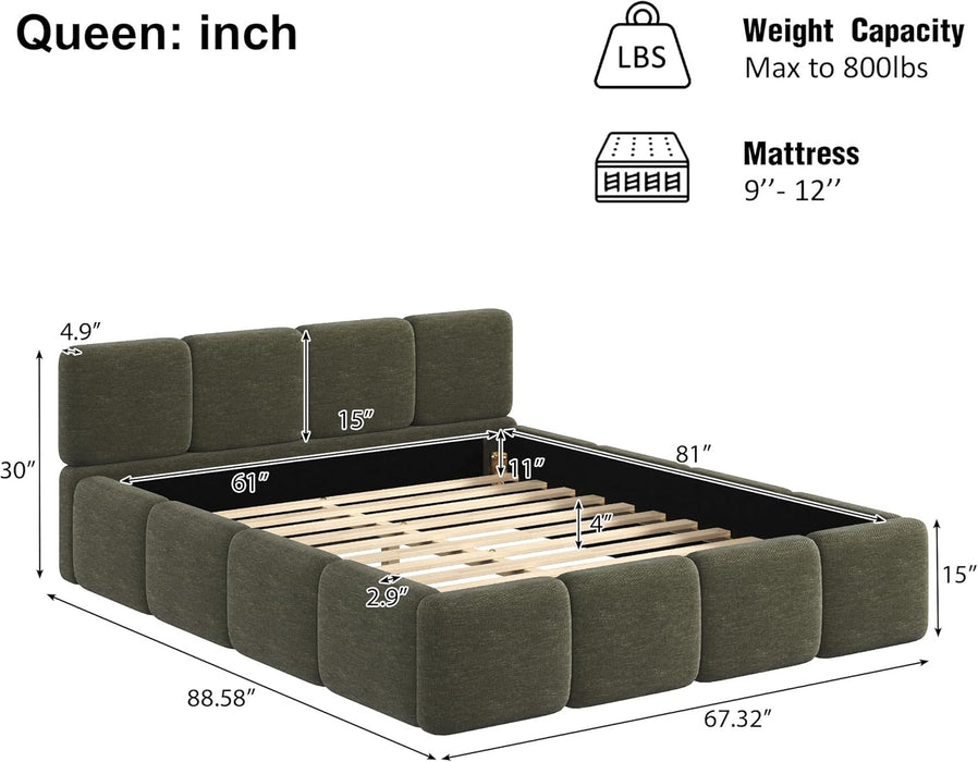 Queen Size Boucle Platform Bed with Thick Headboard and Footboard, Block Style Upholstery Grounded Bed Frame, Green