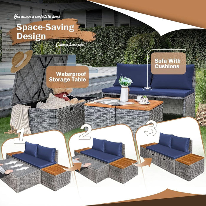 Patio Day Bed Outdoor Daybed Set Multifunctional Rattan Lounge Bed with 2 Side Tables for Backyard Porch Poolside Lawn Beach (Navy Blue)