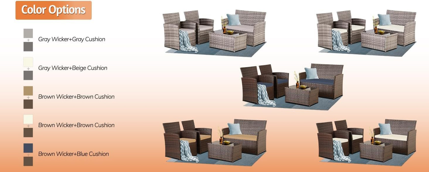4 Piece Patio Furniture Set,Outdoor Wicker Conversation Sets,Rattan Sectional Sofa W/Coffee Table,Seat Cushions for Backyard Porch Garden Poolside (Gray/Blue)