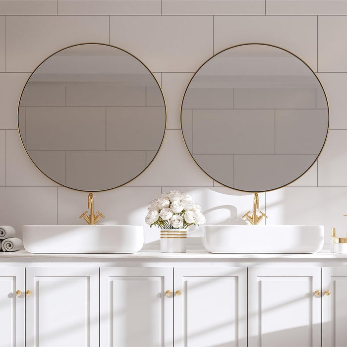 Gold round Mirror, 36’’ Brushed Gold Circle Bathroom Mirrors in Stainless Steel Metal Frame 1" Deep Set Design