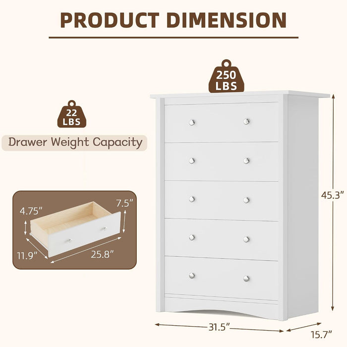 Tall Dresser for Bedroom, Modern Dressers with 5 Drawers, White