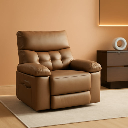 Oversized Recliner Chair for Adults,Pu Leather Electric Rocker Recliner,360 Degree Swivel Lounge Chair with Side Pocket,Modern Massage Recliner Chair Sofa for Living Room,Bedroom (Light Brown)