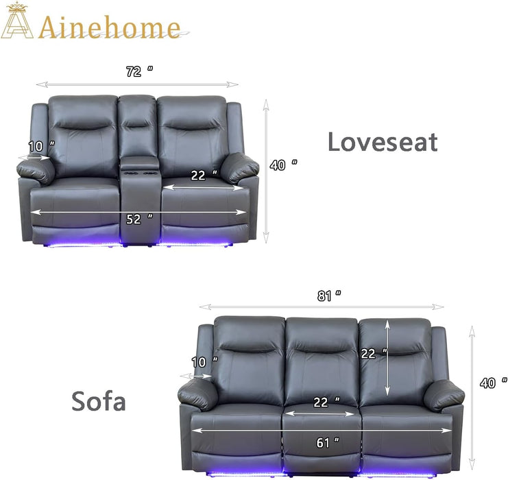 Power Leather Recliner Sofa Sets, 2 Pieces Living Room Furniture Sets with LED Lights, Grey Reclining Sofa Sets with USB Port for House/Office/Rv(B-Drak Grey, Sofa+Loveseat)