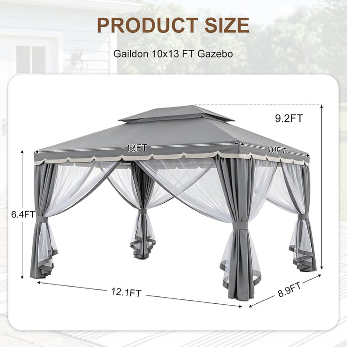 10X13 FT Gazebo with Mosquito Netting, Metal Frame Canopy Shelter, Gray | Double Soft Roofs Backyard, Garden, Deck, Patio, Party Events Mesh Netting and Privacy Screen Sun-Proof and Water-Proof