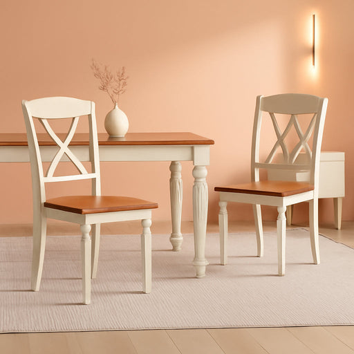 Home Styles Monarch Double X-Back White and Oak Dining Chairs, with Solid Hardwood Construction, Turned Legs, and Distressed Oak Finish, Set of Two