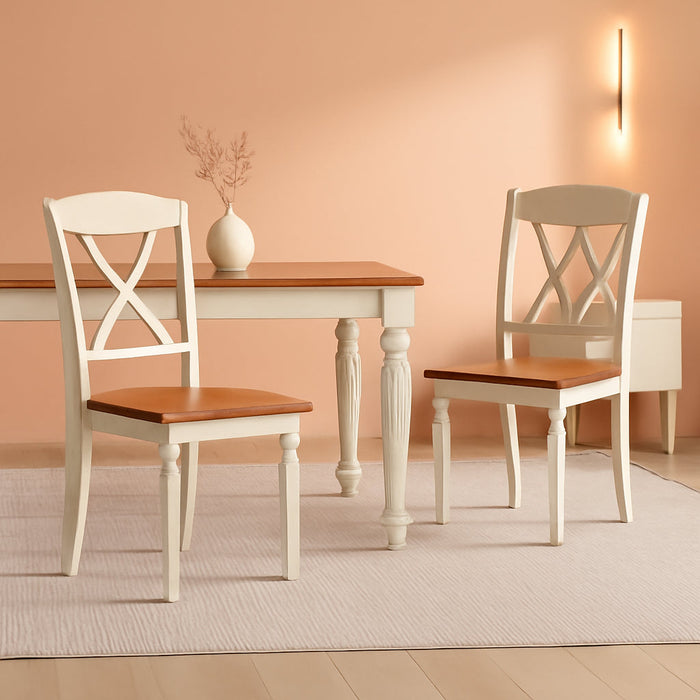 Home Styles Monarch Double X-Back White and Oak Dining Chairs, with Solid Hardwood Construction, Turned Legs, and Distressed Oak Finish, Set of Two
