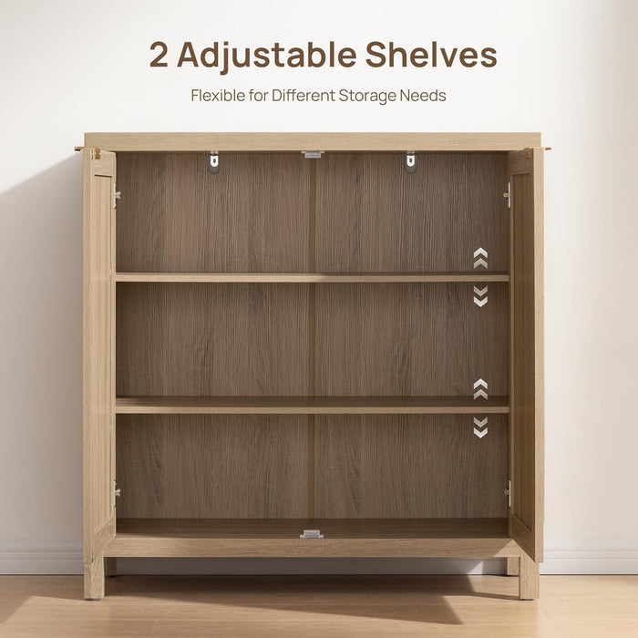 Sideboard Buffet Rattan Cabinet - Boho Larger Credenza Kitchen Storage Cabinet with Rattan Storage - Accent Buffet Console Table for Dining Room Hallway - 2 Pieces (Natural)