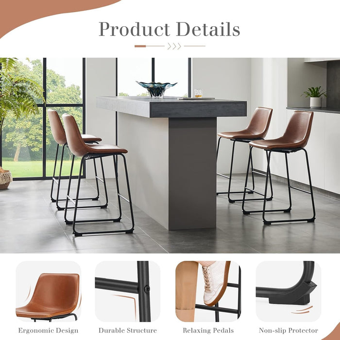 Counter Height Bar Stools Set of 4, Modern Counter Stool Faux Leather Barstools with Back, 26 Inch Seat Height Island Stools Countertop Comfortable Brown Bar Chairs with Metal Legs