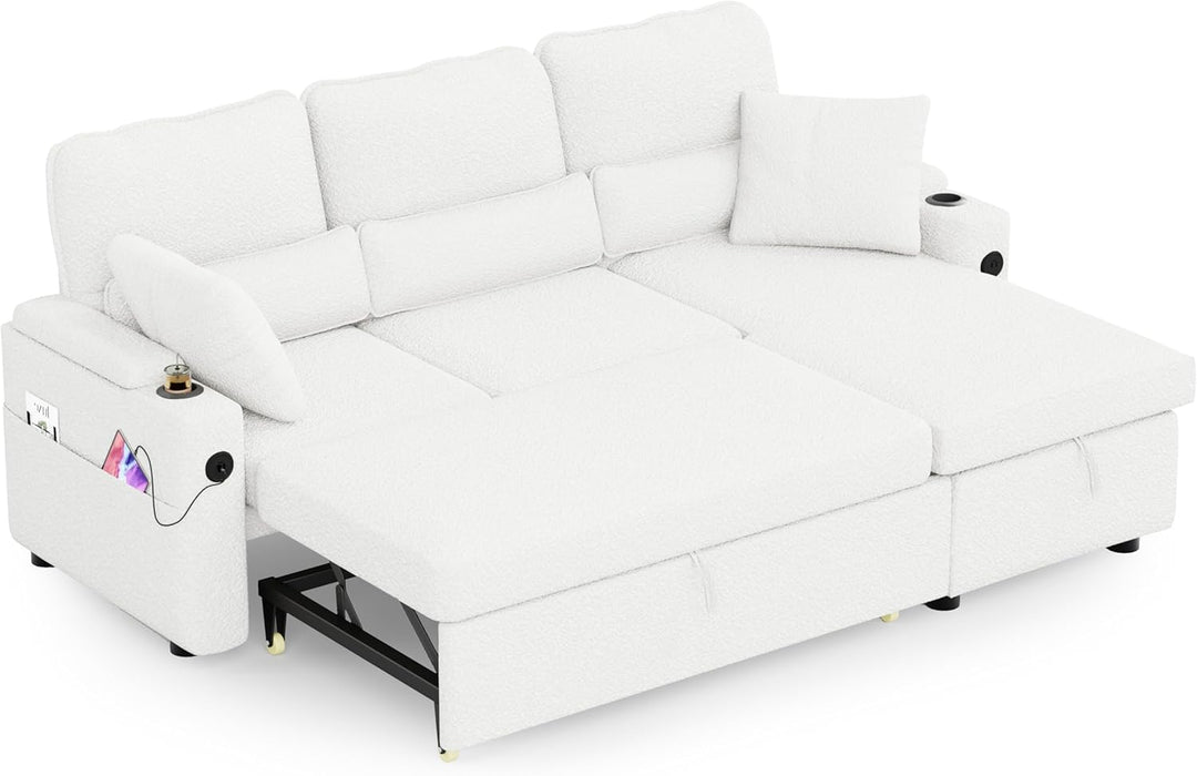 Pull Out ConvertibleSofaBed With Hidden Storage TeddyWhite