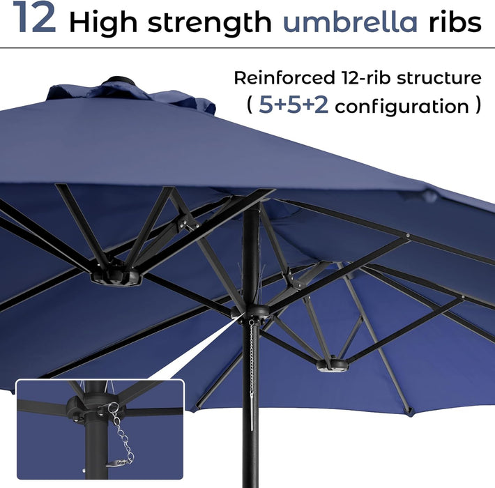 15Ft Patio Umbrella with Base,Large Outdoor Double-Sided Rectangle Umbrella with Crank Handle, Market Umbrella for Poolside Garden Deck Backyard Beach Pools, Navy Blue