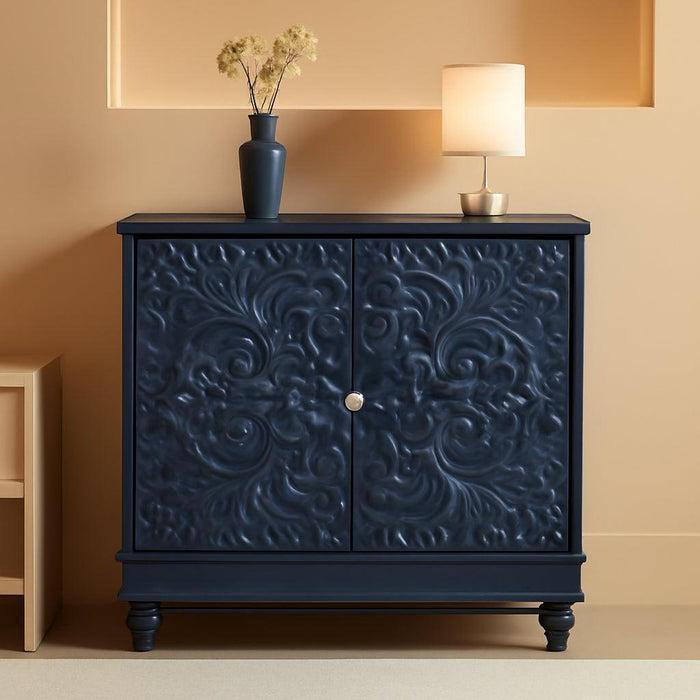 Accent Cabinet with 2 Doors, Luxury Carving Board Storage Sideboard with Adjustable Shelves, Buffet Cabinet Entryway Table for Living Room (Midnight Blue)
