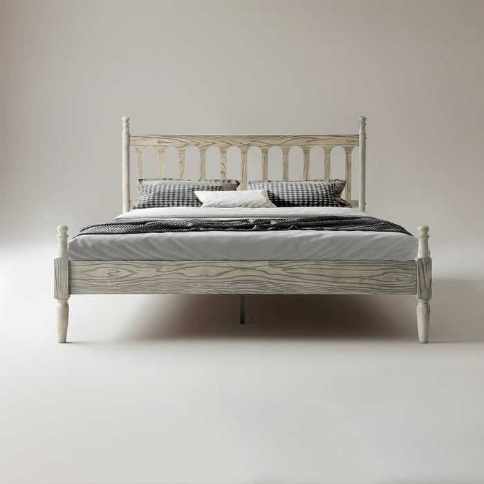 Queen Size Bed Frame, Solid Wood Platform Bed with Headboard & Footboard, Central Metal Legs, 12 Sturdy Slatted Base, Anti-Noise & Slip-Free, No Box Spring Needed, Weathered Gray Oak Finish WCQ-34