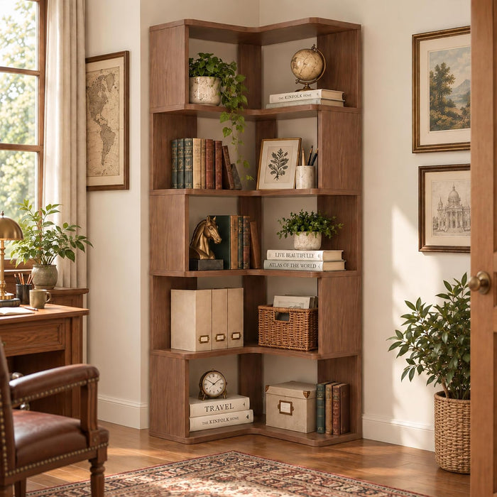 6-Tier L-Shaped Corner Bookshelf, 63" Freestanding Bookcase with Baffle