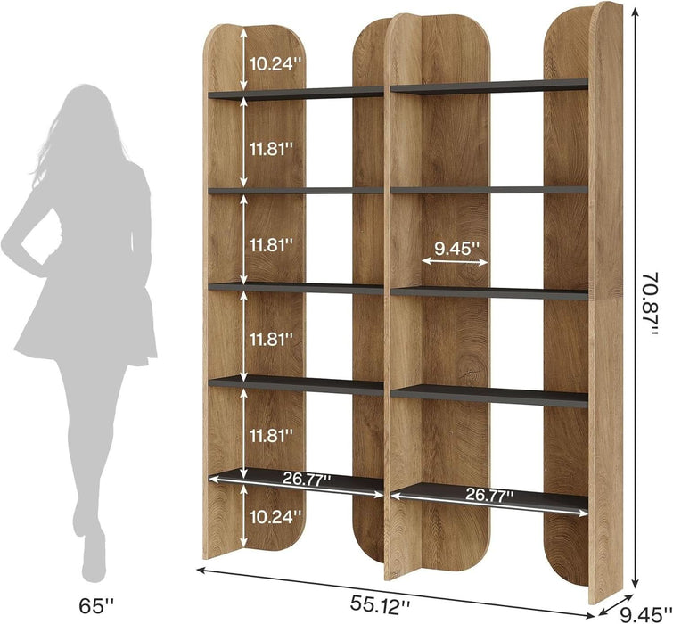 70.87" Tall Farmhouse Bookshelf, 5-Tier Double Wide Bookcase with Open Shelves, Vintage Bookshelf for Living Room, Office, Study Room, Bedroom（Brown）