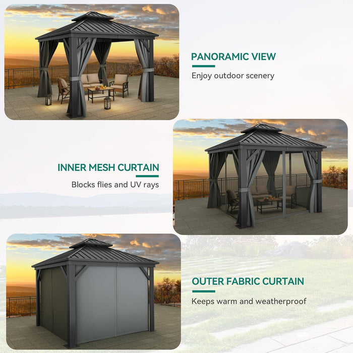 10X10Ft Hardtop Gazebo with Nettings and Curtains, Heavy Duty Double Roof Galvanized Steel Outdoor Combined of Vertical Stripes Roof for Patio, Backyard, Deck, Lawns, Gray