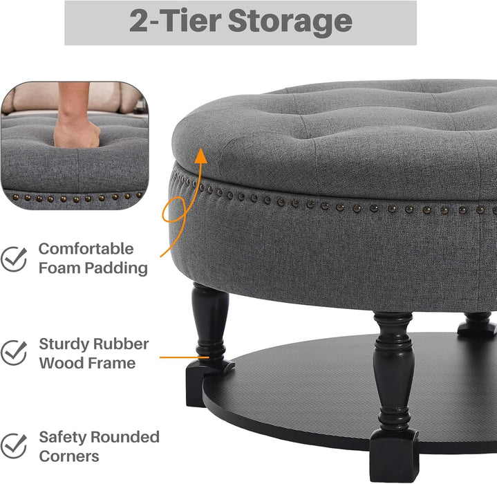 31.5" Large round Ottoman Coffee Table with Storage, Upholstered Button Tufted Linen Ottoman, Large Shelf Storage with Solid Wooden Legs for Living Room，Dark Gray