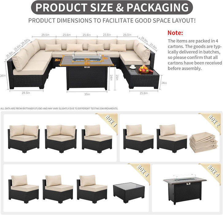 10 Pieces Outdoor Sectional All-Weather Wicker Patio Furniture Set Patio Sectional and Steel Fire Table and Glass Patio Table Non-Slip Cushions and Waterproof Covers, Khaki