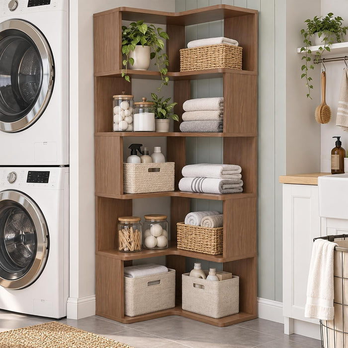 6-Tier L-Shaped Corner Bookshelf, 63" Freestanding Bookcase with Baffle