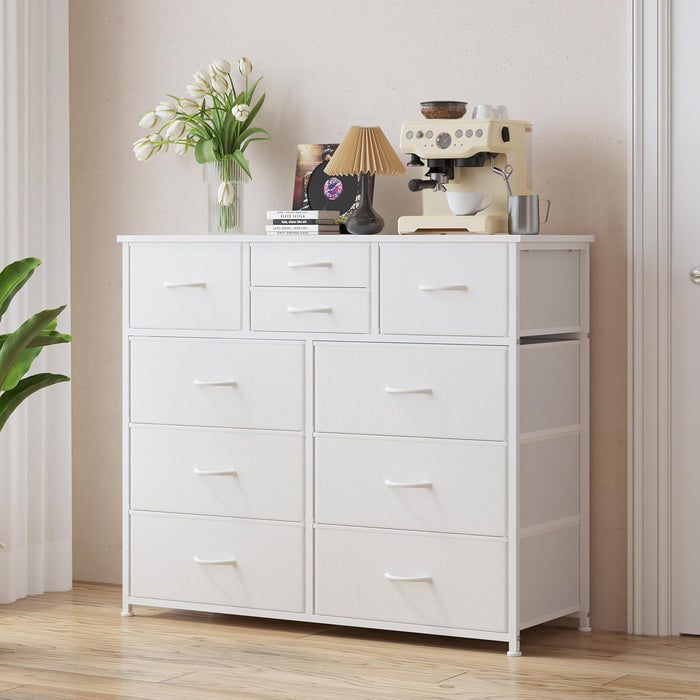 10-Drawer Dresser, Fabric Storage Tower with Drawers for Bedroom, Dresser Drawer with Handle for Bedroom, Living Room, Hallway, Closets & Nurseryteel Frame, Wood Top (10 Drawer/White)