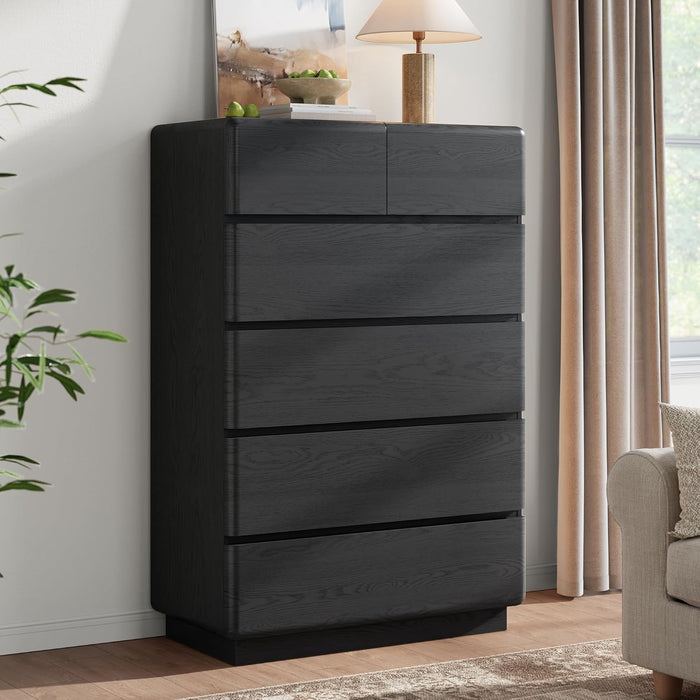 Black 6 Drawer Dresser for Bedroom, 48" Tall Dressers & Chest of Drawers with Curved Profile Design, Modern Dresser with Thickened Base for Bedroom, Living Room, Hallway