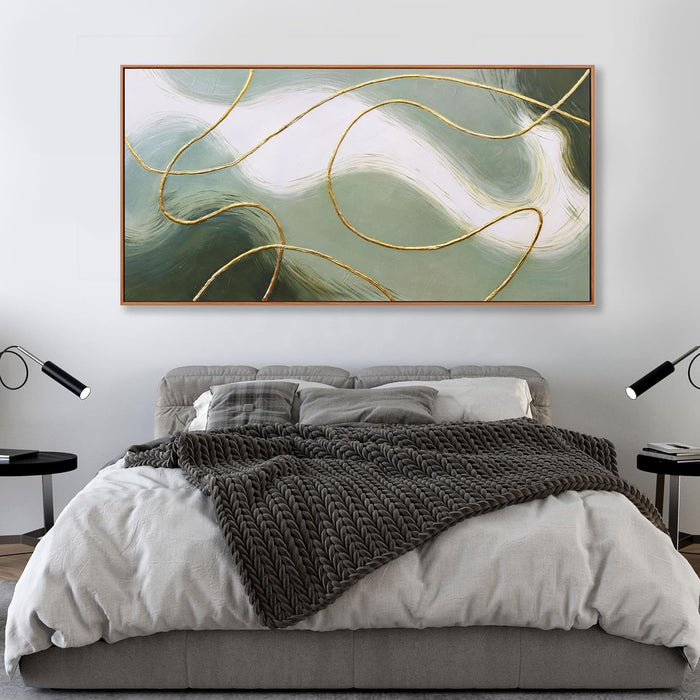 Abstract Wall Art Minimalism Green White and Gold Lines Boho Canvas Wall Decor Framed Artwork Modern Home Wall Decor for Living Room Bedroom Office 20"X40"