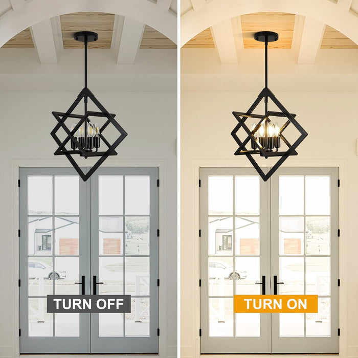 18" Black Chandelier, 4-Light Farmhouse Geometric Ceiling Dining Room Fixture, Modern Rustic Foyer Lighting Fixtures, Industrial Hanging Light Fixture Pendant Lights for Kitchen Island, Entryway