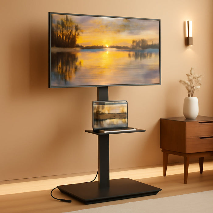 Steel Base Floor TV Stand with Power Outlet for 32-75 Inch Tvs up to 110 Lbs, Leveling & Tilt & Swivel TV Stand with Hidden Wire Management, Height Adjustable TV Stand with Steel Shelf, Black