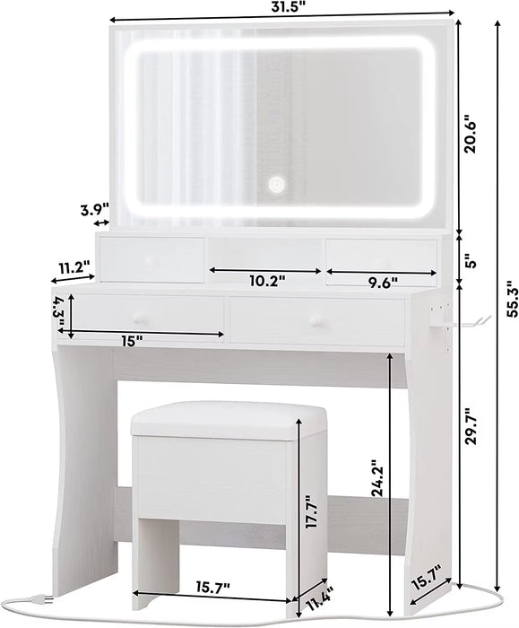 Vanity Desk with LED Lighted Mirror & Power Outlet & 4 Drawers, Dressing Makeup Table Set with Storage Stool and Hair Dr