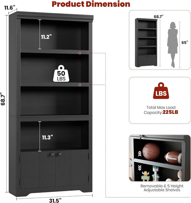 Black 69 Inch Tall Farmhouse Bookshelf OpenDisplayShelf