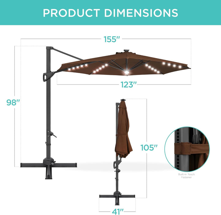 10Ft Solar LED Cantilever Patio Umbrella, 360-Degree Rotation Hanging Offset Market Outdoor Sun Shade for Backyard, Deck, Poolside W/Lights, Easy Tilt, Cross Base