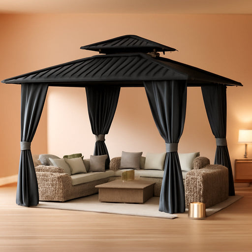 12'X12' Outdoor Hardtop Gazebo, Aluminum Gazebo with Double Galvanized Steel Roof, Curtains and Netting for Patio, Backyard, Deck, Lawn, Easy Assembly (Grey)