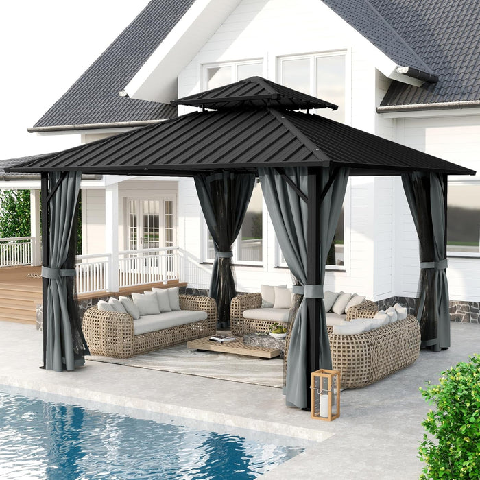 12'X12' Outdoor Hardtop Gazebo, Aluminum Gazebo with Double Galvanized Steel Roof, Curtains and Netting for Patio, Backyard, Deck, Lawn, Easy Assembly (Grey)