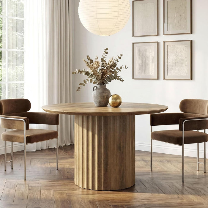 47-Inch round Dining Table for 4-6, Modern Kitchen Table with Fluted Pedestal Base, Farmhouse Wood Dinner Furniture for Dining Room, Kitchen & Living Room, Brown