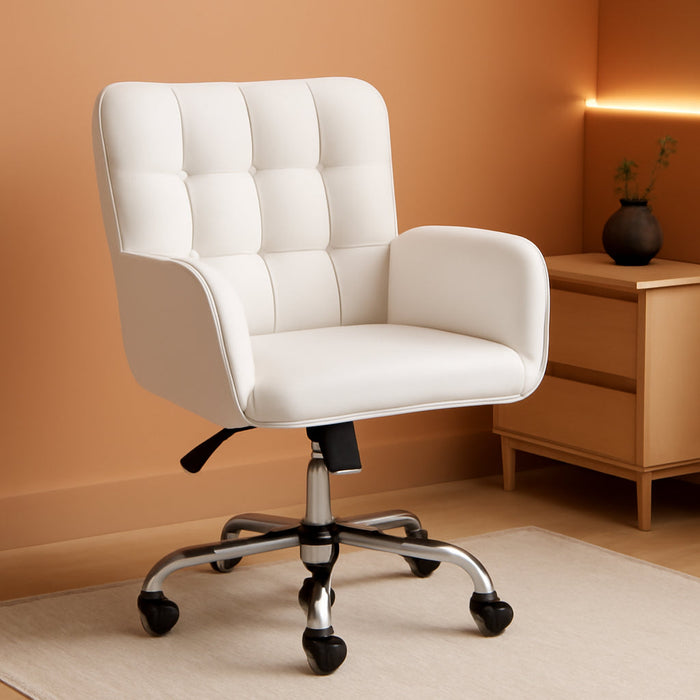 Faux Leather Office Chair Modern Vanity Chair Ergonomic Adjustable Makeup Chair with Padded Armrests Big Seat for Office, Bedroom, Living Room, White