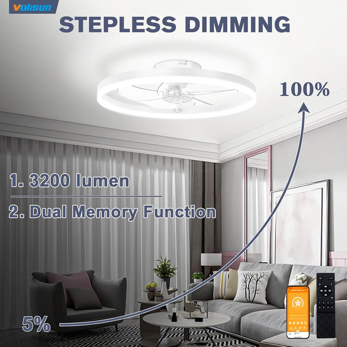 Low Profile Ceiling Fan with Lights and Remote, 15.7In Bladeless Ceiling Fans with Light Flush Mount, 3000K-6500K Dimmable Modern LED Fan Light, White Fandelier Ceiling Fans for Bedroom