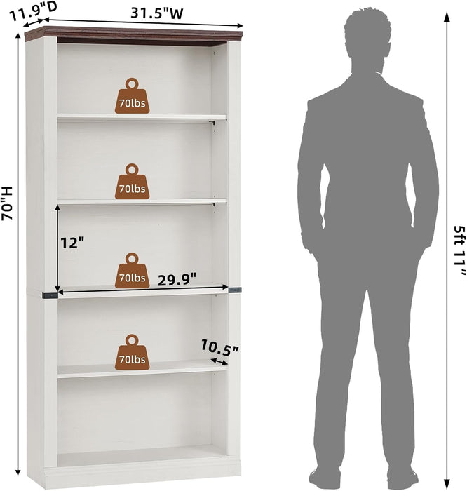 70" White Tall Book Shelf, 5 Tier Wooden Farmhouse Bookcase | Adjustable Shelves Book Case, Open Display Storage, Wood Veneer Bookshelves, Thick Sturdy Base, for Living Room,Office