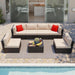 7 Pieces Patio Furniture Sets Outdoor All-Weather Sectional Patio Sofa Set PE Rattan Manual Weaving Wicker Patio Conversation Set with Glass Table&Ottoman Cushion and Red Pillows, Beige