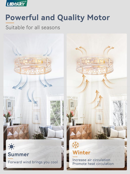 Caged Ceiling Fan with Light and Remote, 20In Small Low Profile Ceiling Fans with Lights, 6 Speed Farmhouse Flush Mount Ceiling Fan for Bedroom, Kitchen, Living Room-White and Gold