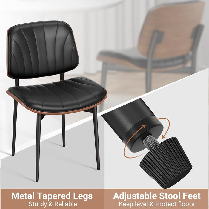 Dining Chairs Set of 6, Mid-Century Modern Upholstered PU Leather Chairs with Walnut Bentwood Back and Metal Legs Adjustable Feet for Kitchen Dining Room, Black Shell Strips