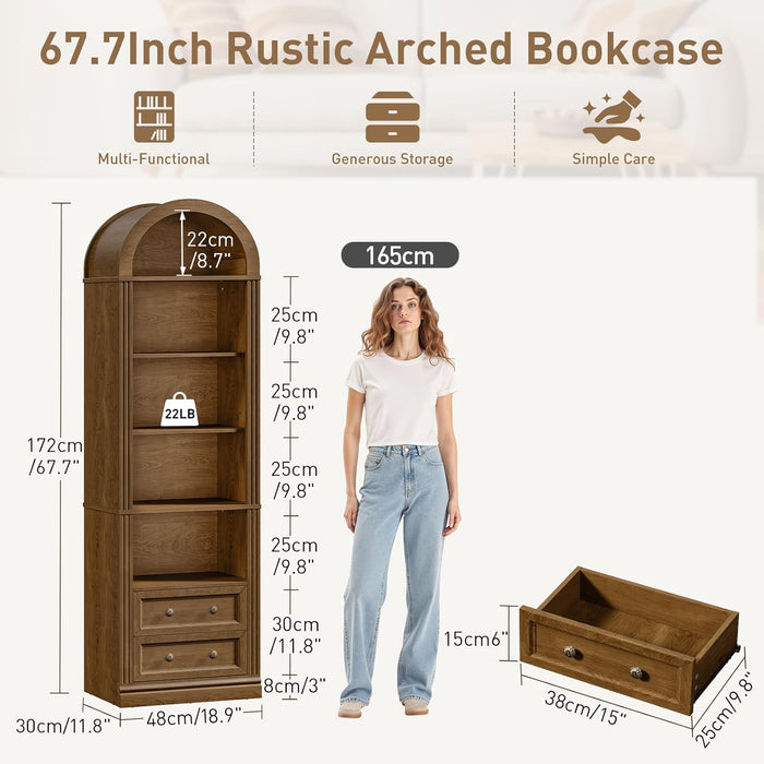 Tall Narrow Bookshelf, Arched Bookshelf with 2 Drawers, 7-Tier Farmhouse Arch Bookcase, Wooden Book Shelf with Open Display Shelves for Office, Living Room, Kitchen, Walnut