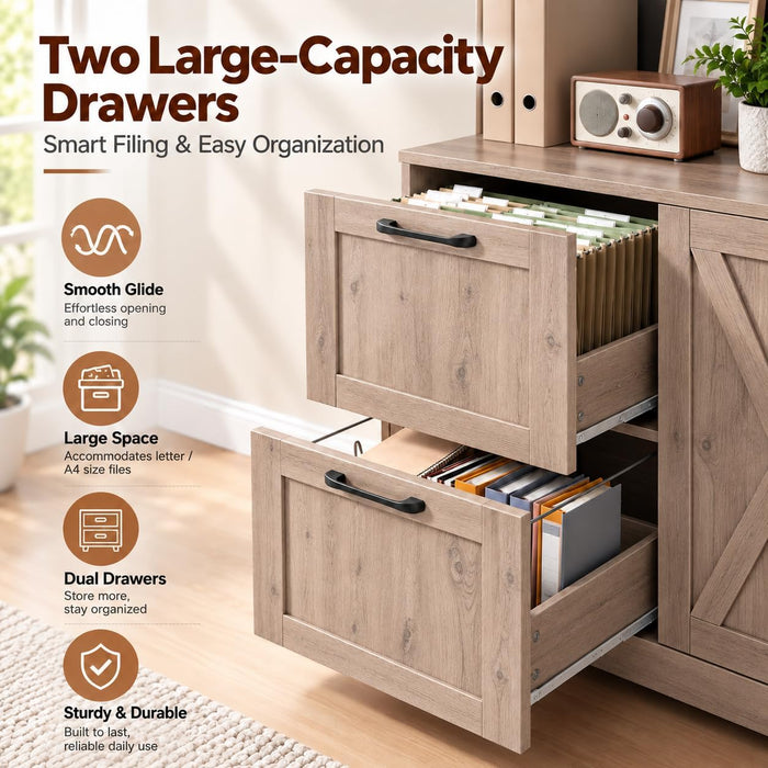 72'' Tall Bookshelf with Power Outlet, 2 Drawer File Cabinet for A4 Hanging Files, 3-Tier Open Shelves & Closed Storage Cabinets, Multifunctional Printer Stand - Greige
