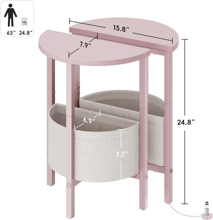 Small round Side Table, Accent End Table with Storage Basket, Set of 2 Half round Coffee Table End Table, Half Moon Bedside Table, Modern Nightstand Couch Table for Living Room Bedroom, Pink