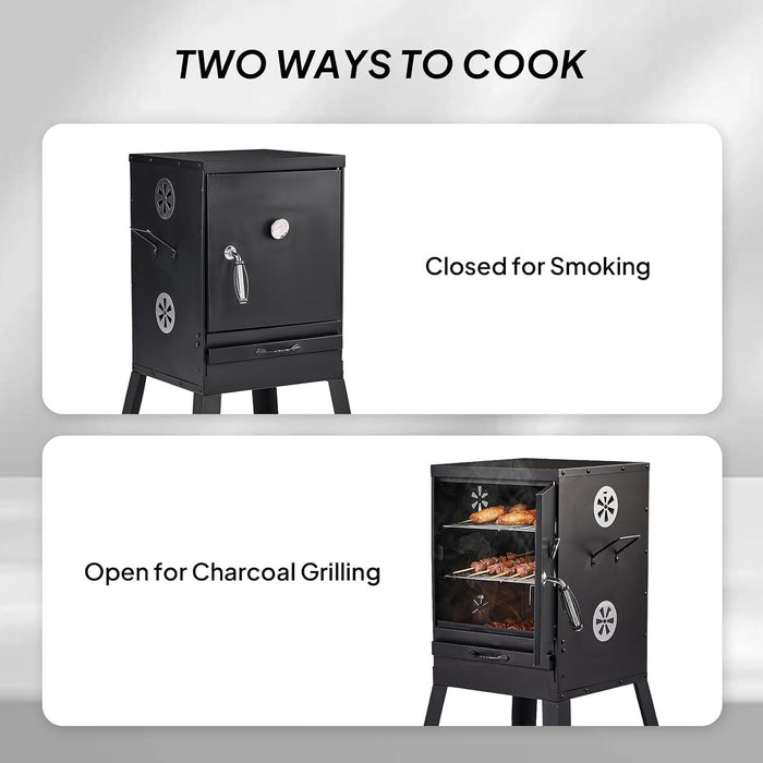 Outdoor Smoker with Door, Vertical Charcoal Smoker, Outdoors Charcoal Grill with 2 Detachable Grill Netting Smoking Racks, Suitable for Lawn Picnic Backyard BBQ, Small Families, Black