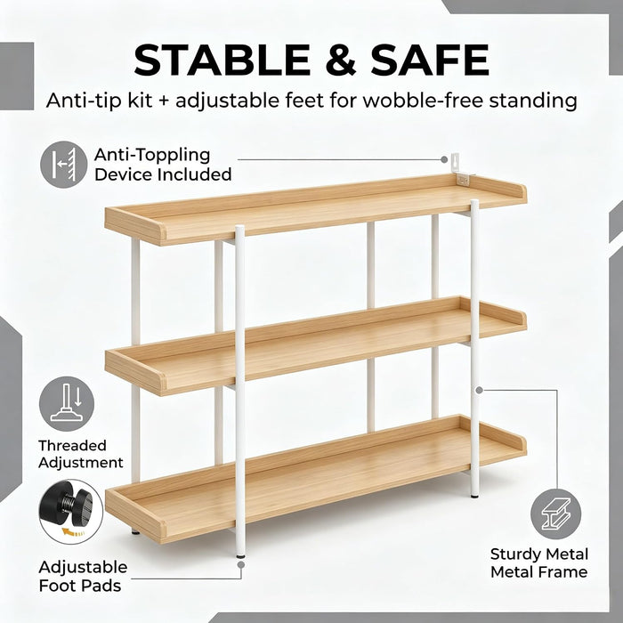 3-Tier Bookshelf with Guardrail, Industrial Open Bookcase, 6-Leg Design | Steel and MDF Construction, 20 Mm round Tubes, 15 Mm MDF Panels