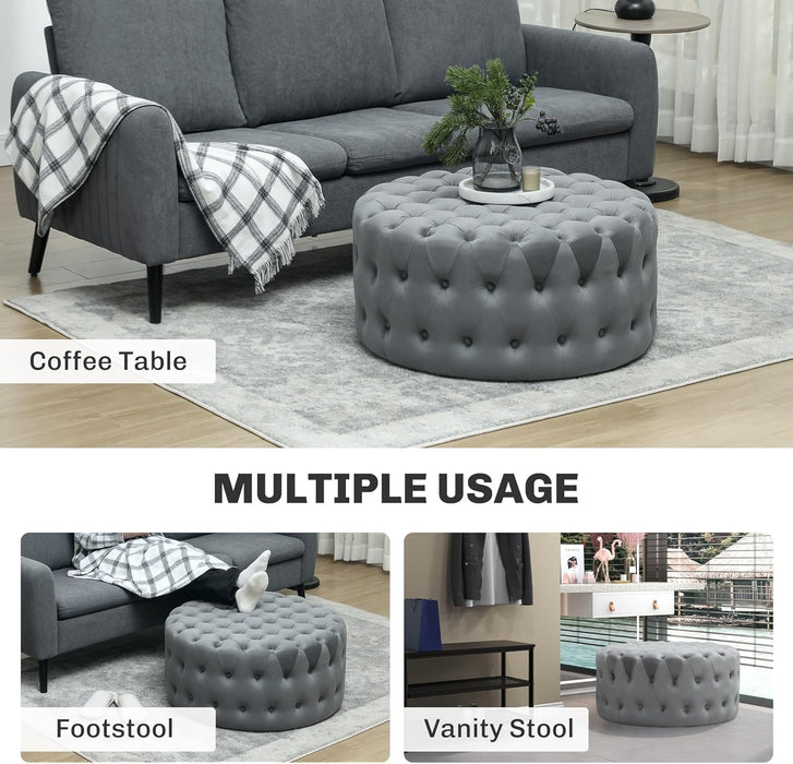 31.5" round Ottoman, Large Velvet-Feel Upholstered Foot Stool with Button Tufted Design and Padded Seat for Living Room, Entryway, Dark Gray