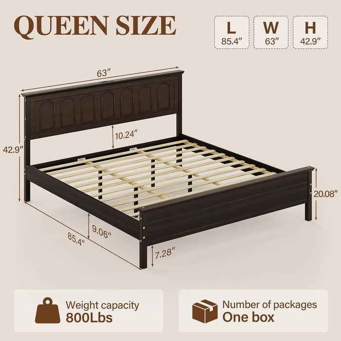 Queen Size Bed Frame with Tall Headboard, Mid Century Modern Wood Platform Bed with Charging Ports and LED Lights, Solid Wood Slat Support, No Box Spring Needed, Easy Assembly, Walnut Brown